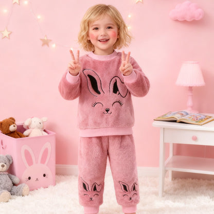 Ensemble 2 pièces Tendance Décontracté Hiver Motif Lapin en Peluche, Tenue d'Hiver Confortable et Chaude pour Filles avec Manchons Côtelés Doux et Col Rond en Polaire, Pantalon d'Hiver Côtelé avec Taille Élastique et Motif Lapin, Vêtements d'Hiver Décontr