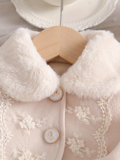 Ensemble 2 pièces pour Filles Automne/Hiver : Manteau en Fausse Fourrure et Robe de Baptême en Maille, Tenue de Rentrée Scolaire, Robe Style Princesse d'Hiver avec Nœud et Col en Fausse Fourrure Chaud, Convient pour Occasions Spéciales, Fêtes et Sorties,