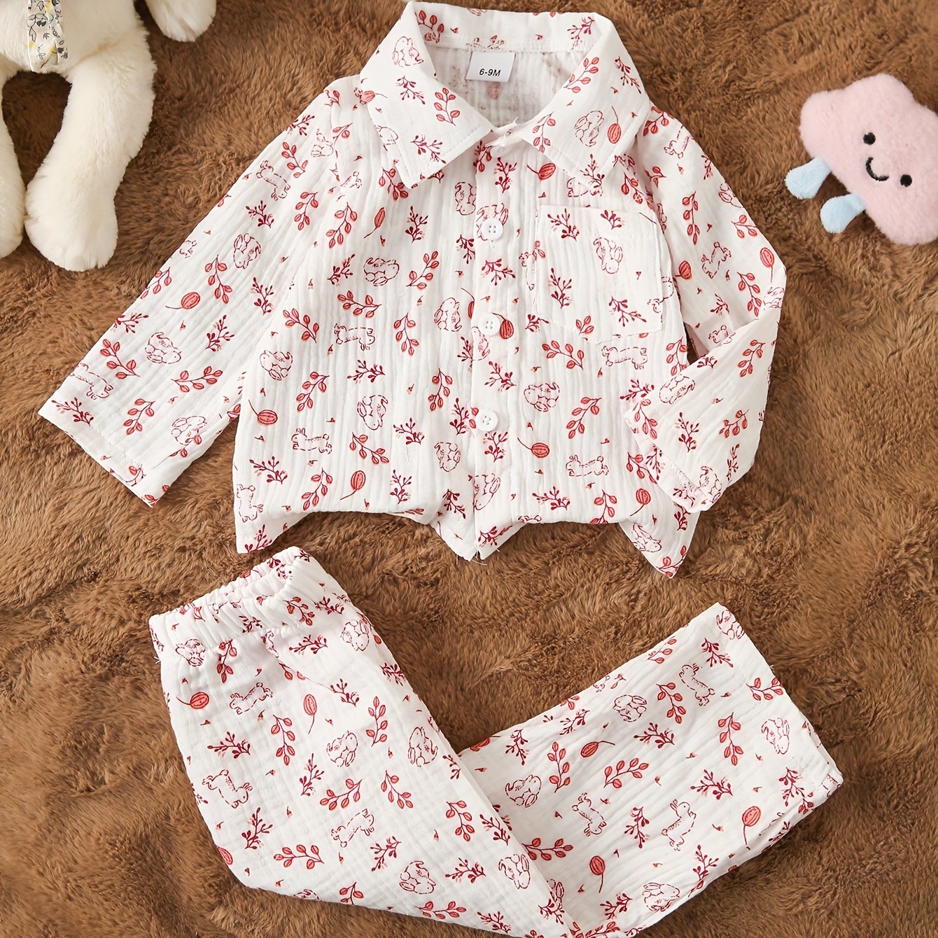 Ensemble 2 pièces pour bébé en crêpe double épaisseur, comprenant un haut à manches longues avec col et imprimé mignon de dessin animé/fruits, et un pantalon long, doux pour la peau et respirant, idéal pour l'extérieur