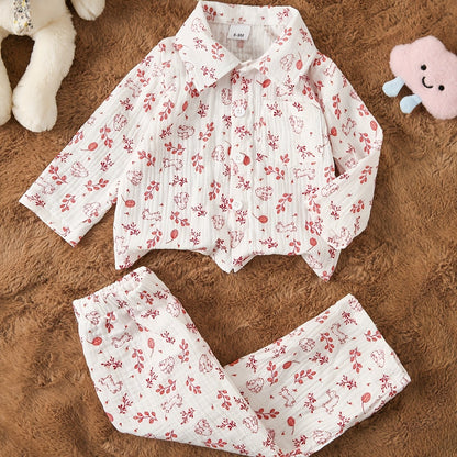 Ensemble 2 pièces pour bébé en crêpe double épaisseur, comprenant un haut à manches longues avec col et imprimé mignon de dessin animé/fruits, et un pantalon long, doux pour la peau et respirant, idéal pour l'extérieur