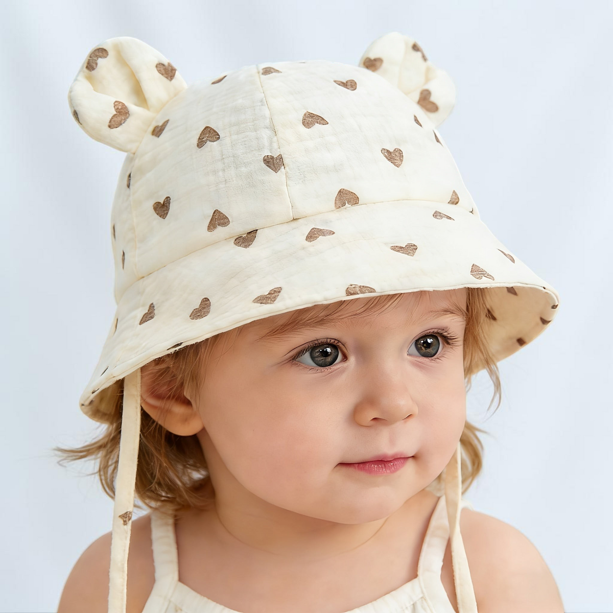 Bébé portant un chapeau de soleil Le Cocon d'Or blanc en coton avec motifs cœurs et oreilles sur une plage