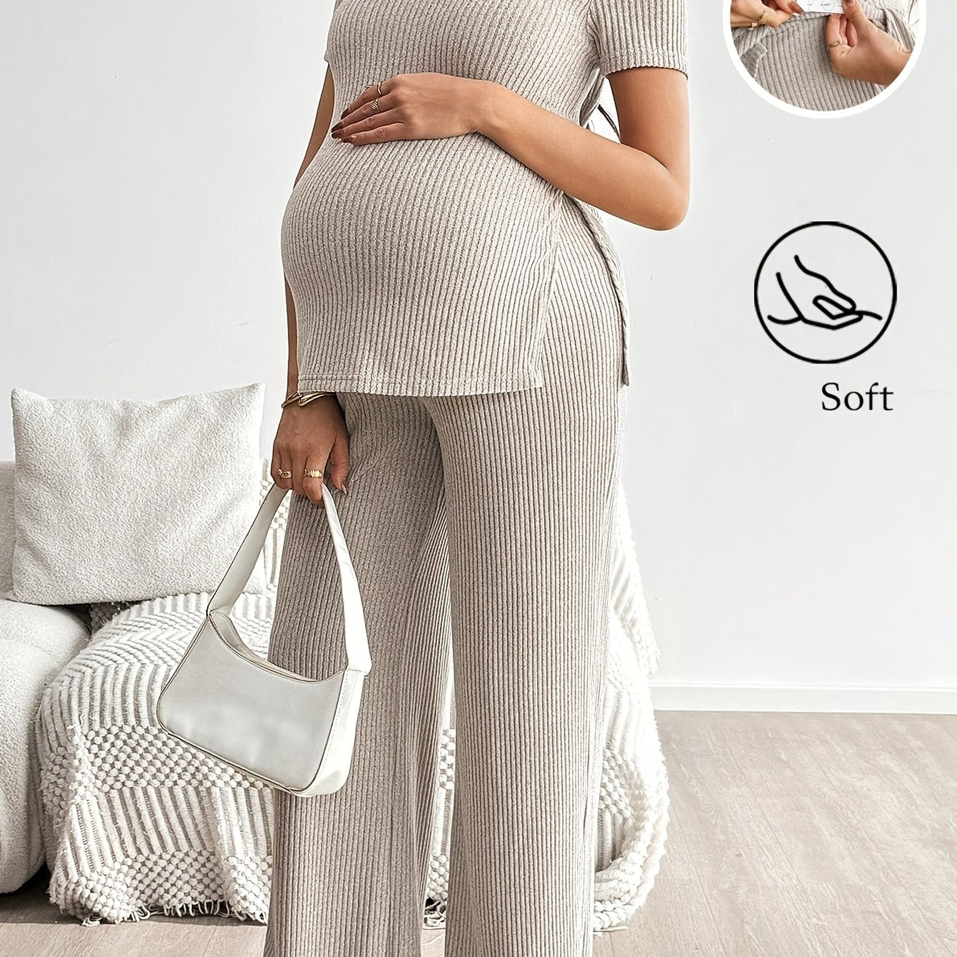 Ensemble deux pièces de maternité décontracté côtelé, haut à manches courtes et pantalon, conception de haut long sur le devant et court sur le dos, conception de haut à fente, ensemble deux pièces de maternité, ensemble deux pièces tricoté, ensemble de m
