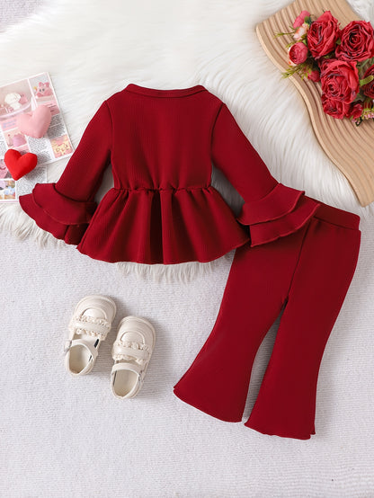 Ensemble élégant et mignon pour bébés et petites filles, comprenant un haut à manches longues et un pantalon long de couleur unie, style fin pour le printemps et l'automne, idéal pour l'extérieur.