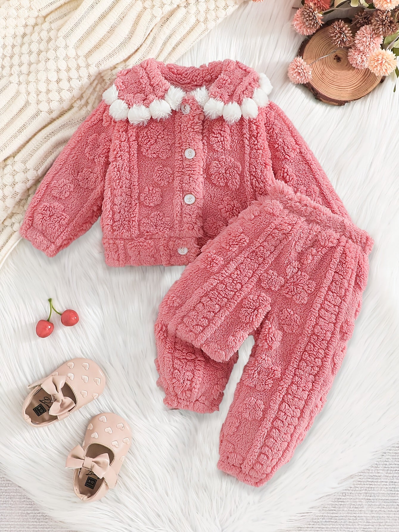 Ensemble deux pièces pour bébé fille automne/hiver, comprenant un haut à col perlé et un pantalon rose doux et mignon en maille à l'aiguille, tissage délicat, mignon et confortable pour une bébé adorable, conception épaissie pour une super chaleur, idéal