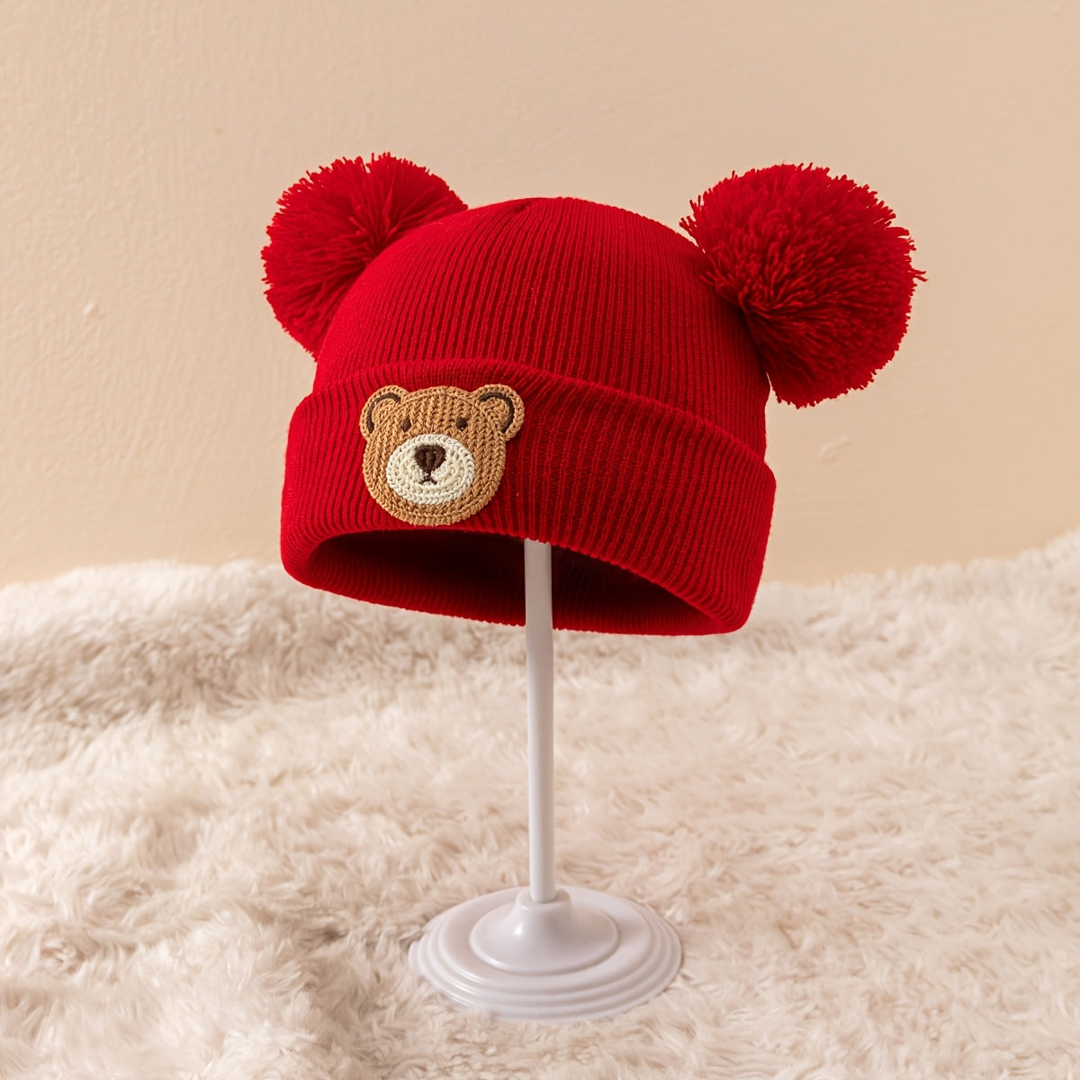 Bonnet d'automne et d'hiver en tricot pour l'extérieur, petit ours à tête ronde et grande tête à double ligne