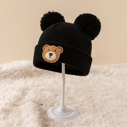 Bonnet d'automne et d'hiver en tricot pour l'extérieur, petit ours à tête ronde et grande tête à double ligne