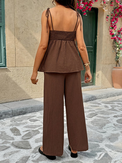 Ensemble 2 pièces : Débardeur et pantalon de maternité unis à bretelles spaghetti et noués dans le dos, décontractés, en tissu confortable, adaptés pour la maison, les trajets, les sorties, les réunions et les activités de plein air