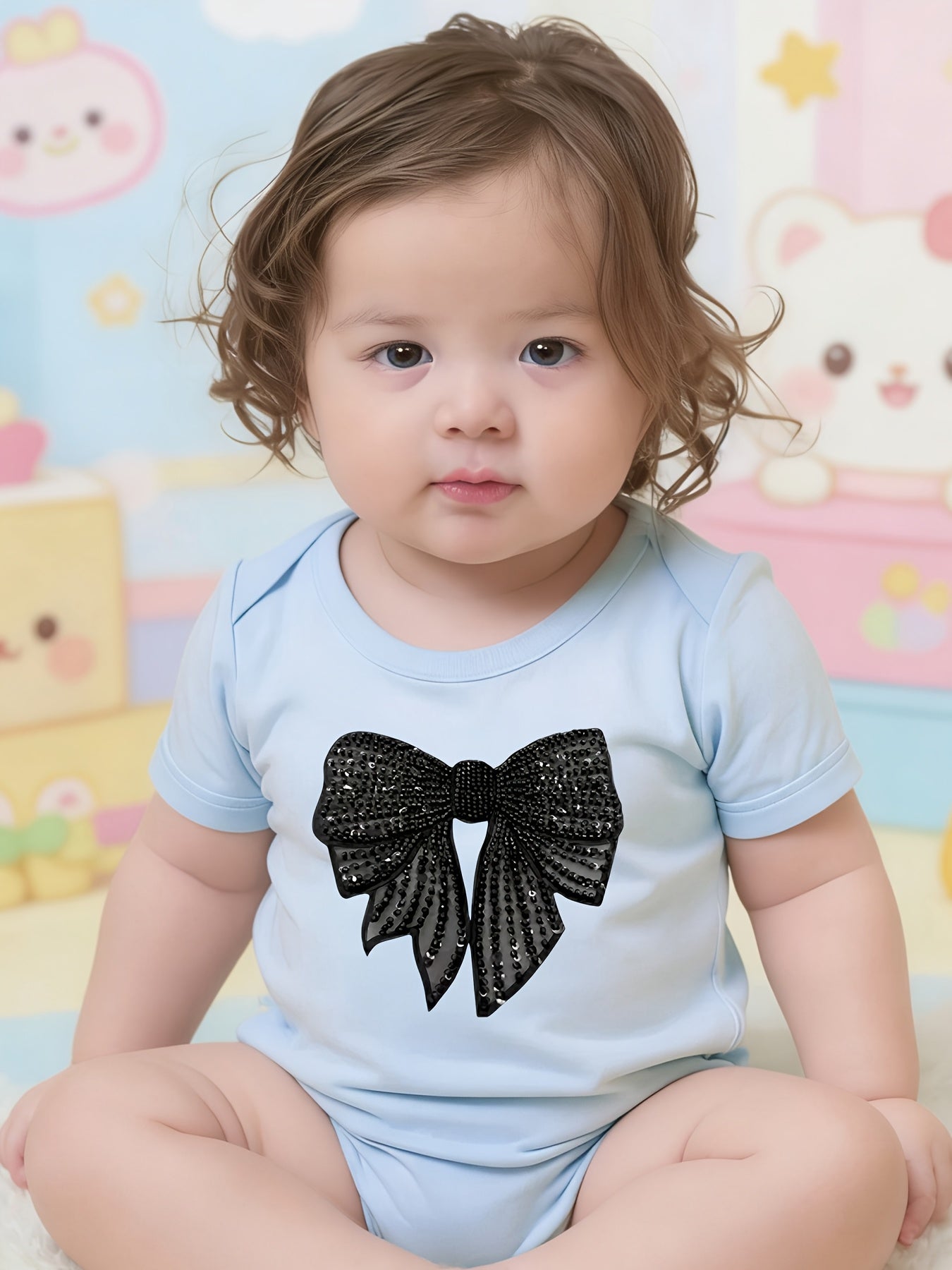1 pièce Grenouillère bébé "Nœud à paillettes glamour", Barboteuse en coton, Combinaison bébé douillette, Coton respirant, Fermeture à boutons-pression, Vêtement essentiel pour nouveaux parents, Idéal comme cadeau d'anniversaire en plein air, Parfait pour