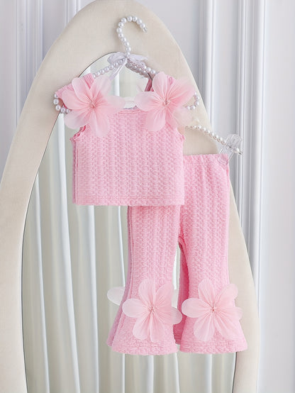 Ensemble de pantalon long pour fille pour la rentrée scolaire, style été, appliqué beige-abricot avec taille élastique des deux côtés et haut à col rond + pantalon long évasé et coupe ajustée de couleur assortie, ensemble 2 pièces en tissu spécial sportif