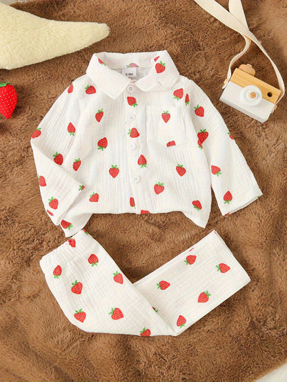 Ensemble 2 pièces pour bébé en crêpe double épaisseur, comprenant un haut à manches longues avec col et imprimé mignon de dessin animé/fruits, et un pantalon long, doux pour la peau et respirant, idéal pour l'extérieur