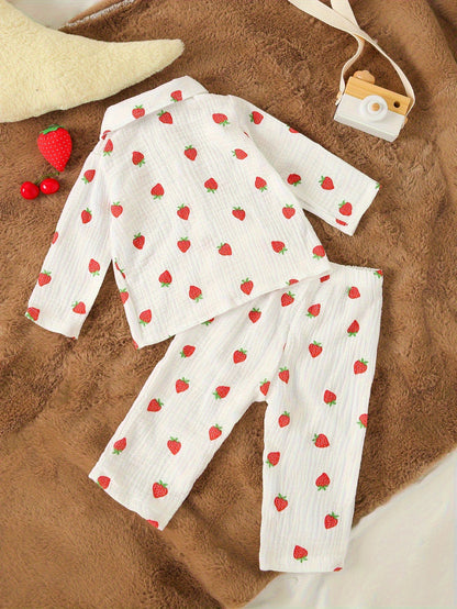 Ensemble 2 pièces pour bébé en crêpe double épaisseur, comprenant un haut à manches longues avec col et imprimé mignon de dessin animé/fruits, et un pantalon long, doux pour la peau et respirant, idéal pour l'extérieur