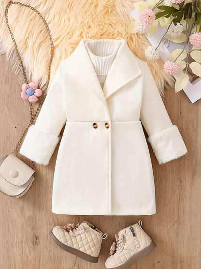 Veste coupe-vent basique décontractée et tendance pour fille, chaude pour l'hiver, pour enfant, de couleur unie, avec une conception simple à cordon de serrage à la taille, des manches à poignets en fausse fourrure et un revers doublé, vêtement d'extérieu