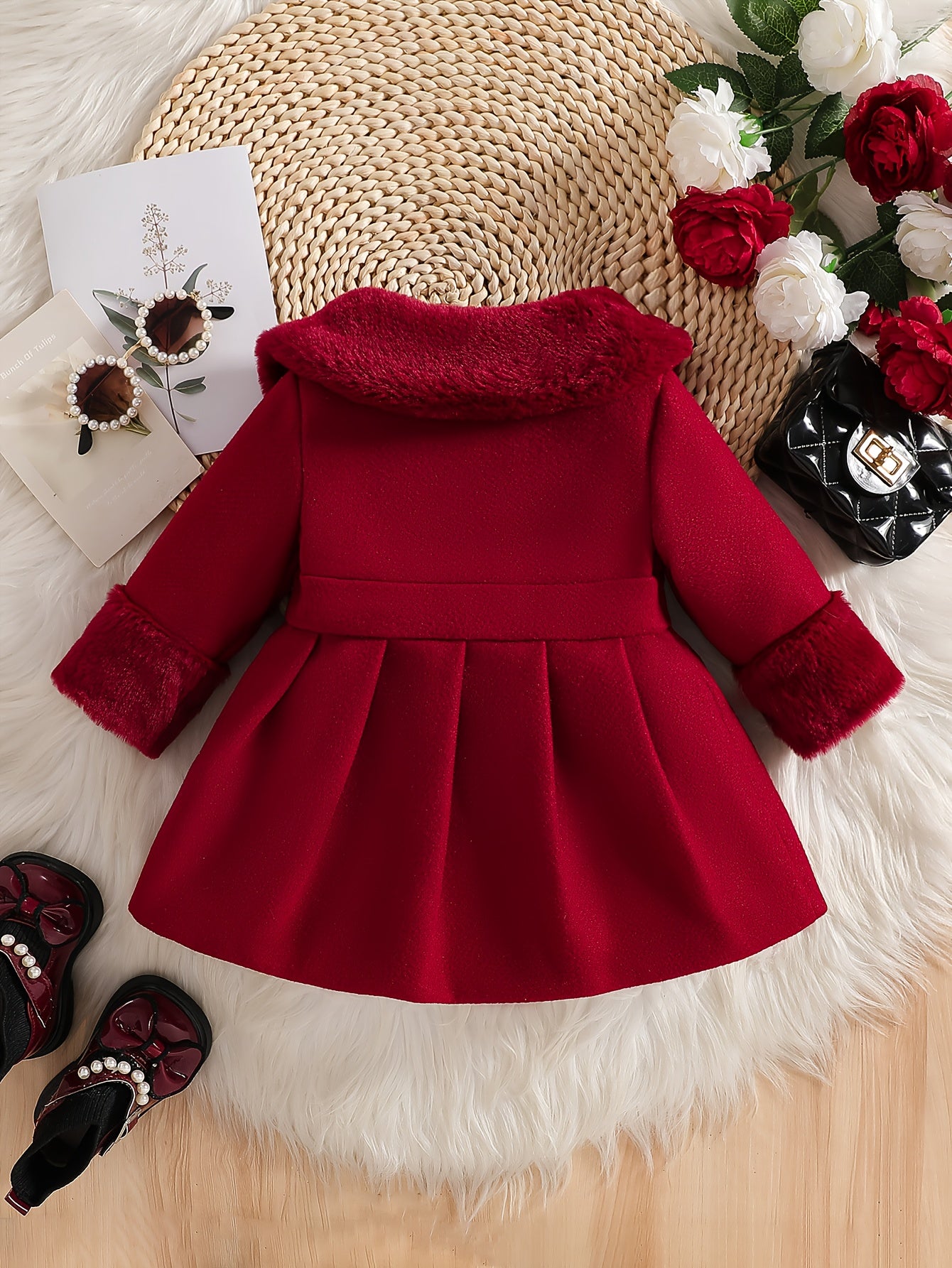 Tenue de la Saint-Valentin pour Fille, Cardigan à Revers en Peluche Irrégulière pour Fille Automne/Hiver avec Patchwork en Fausse Fourrure, Nœud en Mélange, Veste Cardigan à Boutons. Convient pour les Sorties, les Cadeaux, les Vêtements de la Rentrée Scol