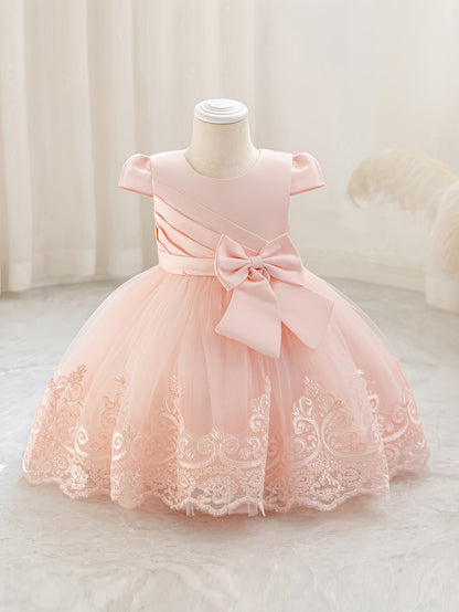 Nouvelle robe de 1er anniversaire avec nœud, jupe de princesse florale, tutu en tulle et maille pour enfants, robe de scène de piano pour filles, robe de princesse en maille brodée 3D