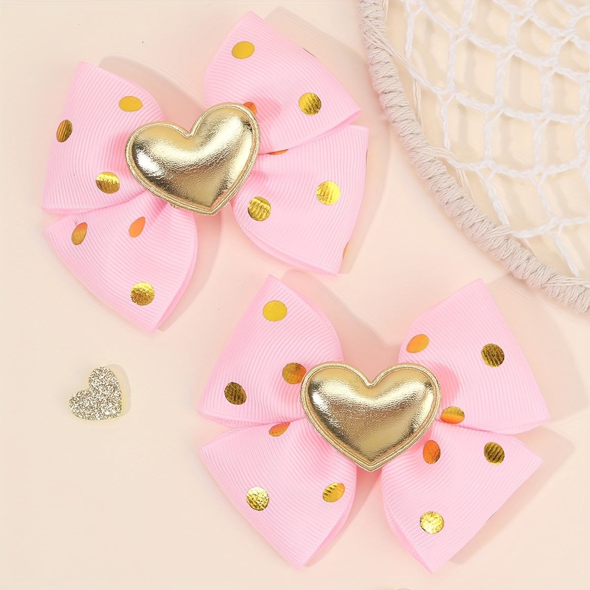 2pcs Pinces à Cheveux Décoratives Cœur Doré avec Nœud et Paillettes, Barrettes Y2K, Accessoires de Cheveux Mignons pour la Saint-Valentin et les Déguisements