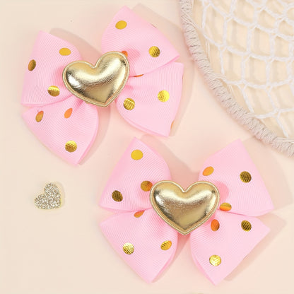 2pcs Pinces à Cheveux Décoratives Cœur Doré avec Nœud et Paillettes, Barrettes Y2K, Accessoires de Cheveux Mignons pour la Saint-Valentin et les Déguisements