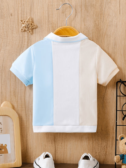 Chemise d'été à manches courtes pour tout-petits, T-shirt à demi-zippeur et à revers en blocs de couleur abricot-bleu-blanc pour bébés garçons, Haut décontracté polyvalent et confortable, Vêtement d'enfant doux, respirant et à la mode pour les sorties quo