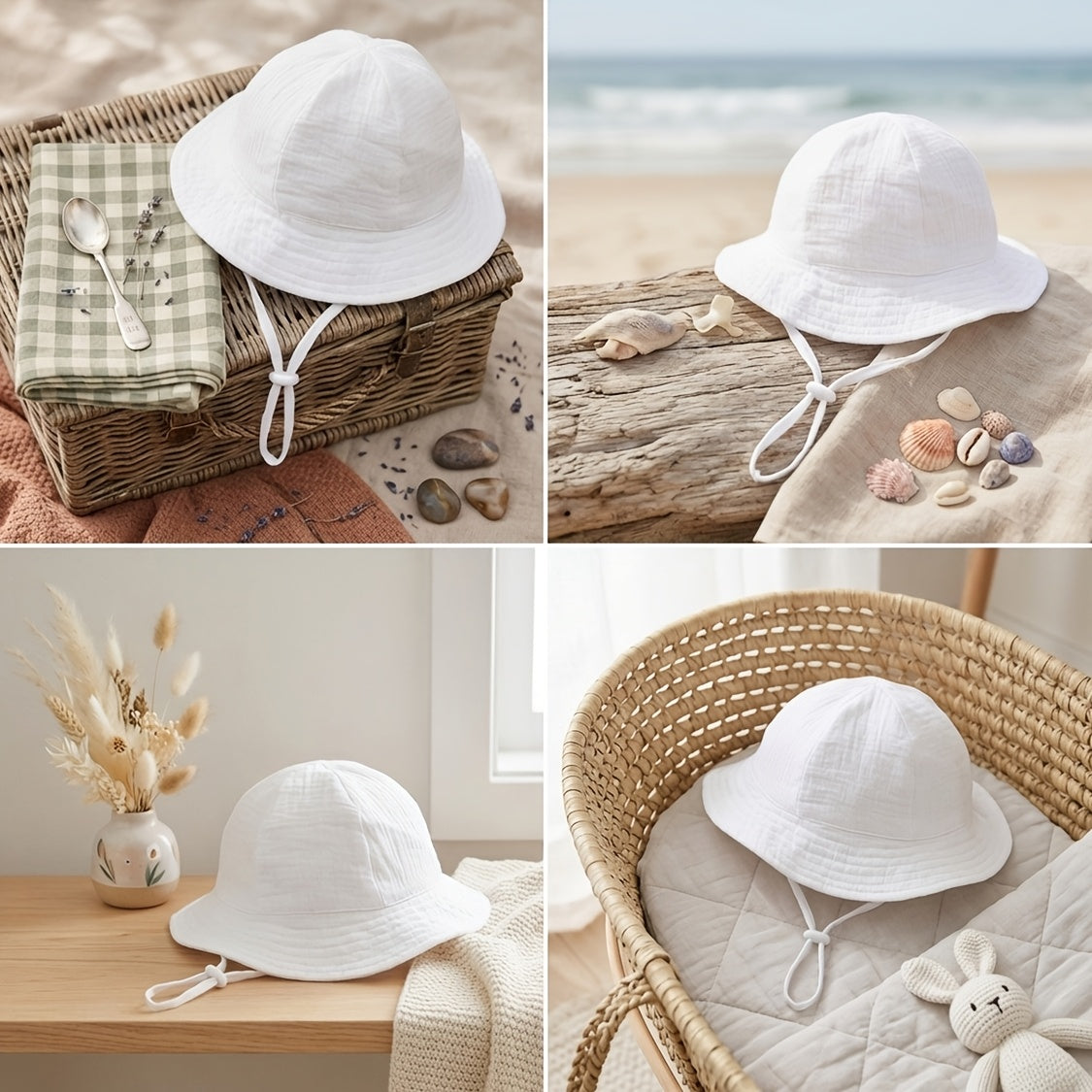 1 pièce Chapeau d'extérieur blanc pour garçons et filles au printemps et en été, confortable et réglable, chapeau de pêcheur décontracté, chapeau respirant pour voyage en plein air, 0-3 ans