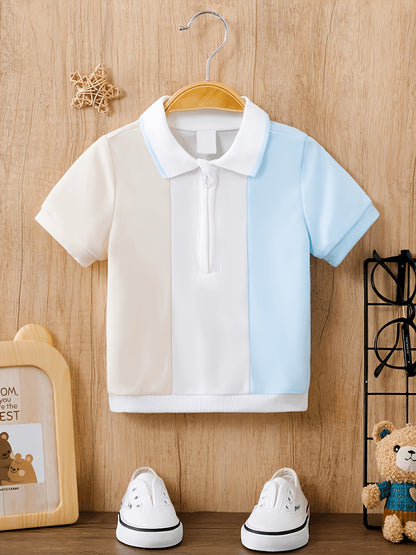 Chemise d'été à manches courtes pour tout-petits, T-shirt à demi-zippeur et à revers en blocs de couleur abricot-bleu-blanc pour bébés garçons, Haut décontracté polyvalent et confortable, Vêtement d'enfant doux, respirant et à la mode pour les sorties quo