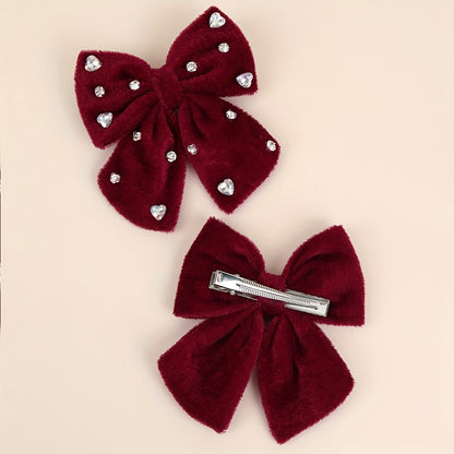 2pcs Pinces à Cheveux Nœud en Velours Doux pour Nœuds en Velours Rouge Foncé avec Design de Strass, Épingles à Cheveux Élégantes pour un Usage Quotidien