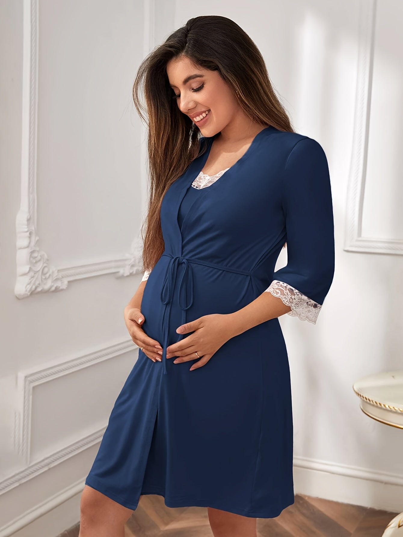 Pyjama de maternité  à dentelle, ensemble de 2 robes, chemise de nuit d'allaitement, tenue adaptée à l'allaitement, vêtement de maternité de printemps