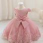 Nouvelle robe de 1er anniversaire avec nœud, jupe de princesse florale, tutu en tulle et maille pour enfants, robe de scène de piano pour filles, robe de princesse en maille brodée 3D