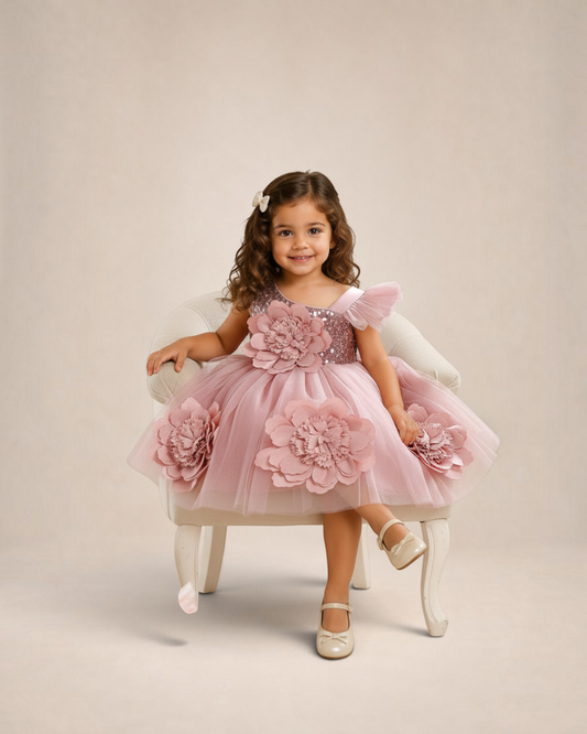 Petite fille souriante portant une robe de princesse Le Cocon d'Or rose avec fleurs 3D et manches à volants