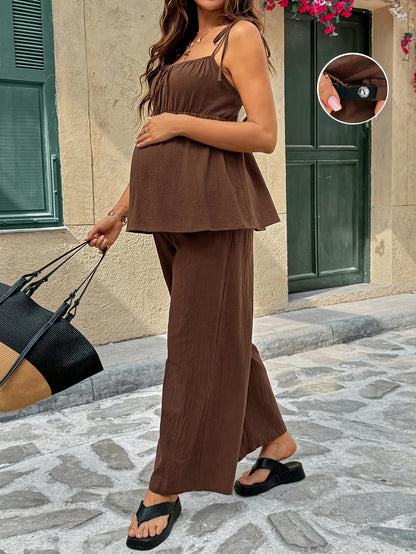 Ensemble 2 pièces : Débardeur et pantalon de maternité unis à bretelles spaghetti et noués dans le dos, décontractés, en tissu confortable, adaptés pour la maison, les trajets, les sorties, les réunions et les activités de plein air