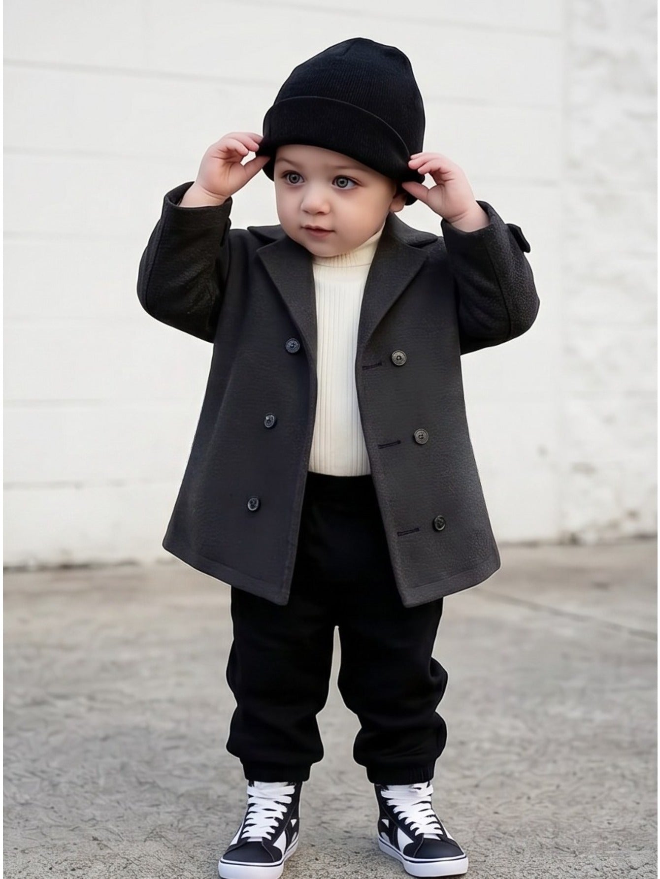 Manteau d'automne/hiver élégant en tweed à double boutonnage et revers en dents-de-cheval à coupe ample pour garçon, vêtement d'extérieur chaud et polyvalent pour le premier anniversaire de bébé