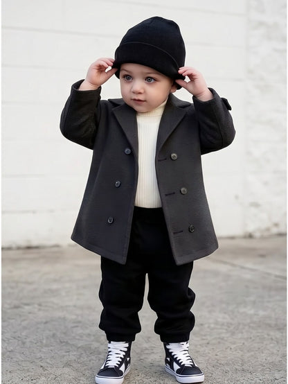 Manteau d'automne/hiver élégant en tweed à double boutonnage et revers en dents-de-cheval à coupe ample pour garçon, vêtement d'extérieur chaud et polyvalent pour le premier anniversaire de bébé