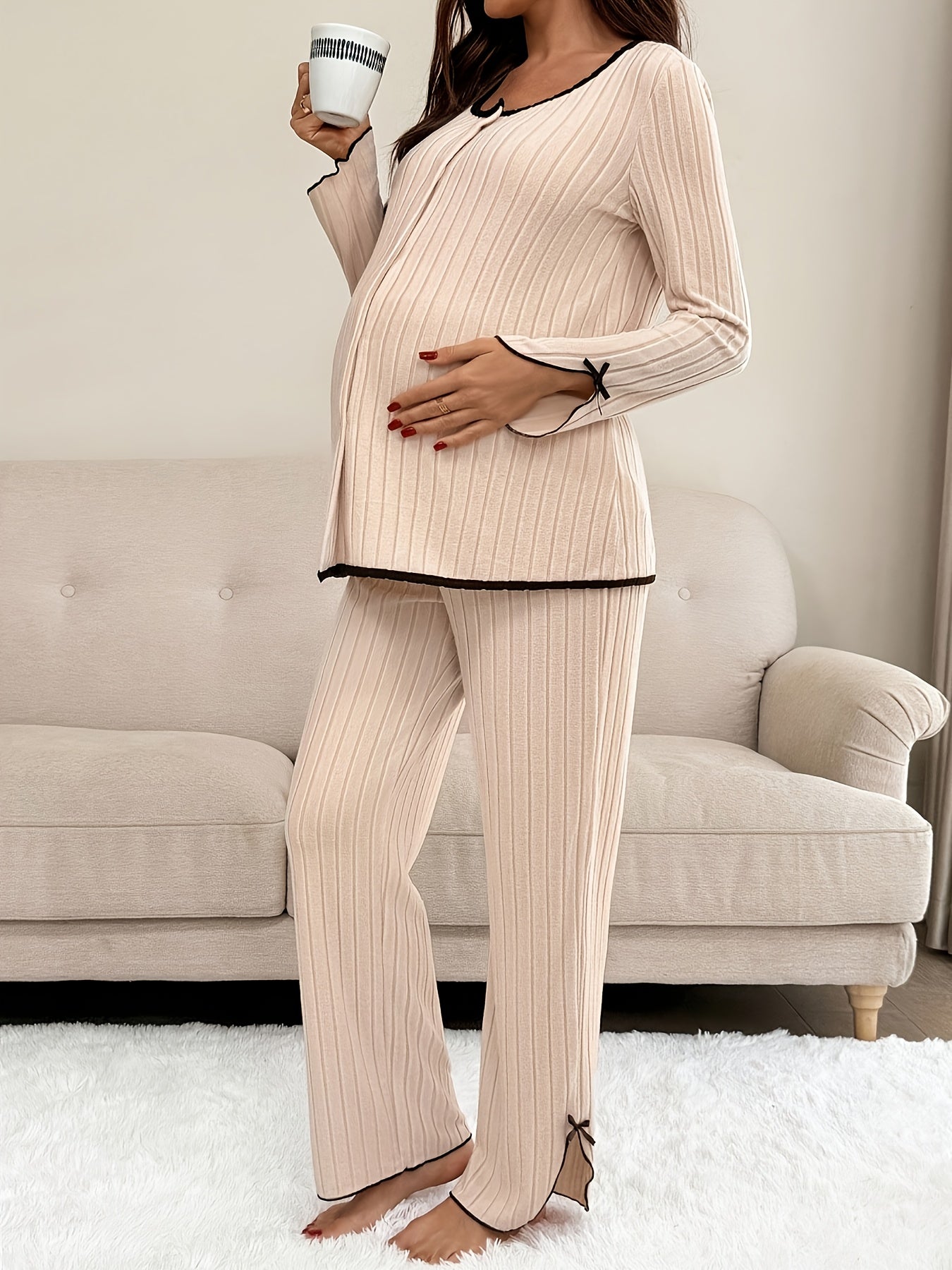 Ensemble de détente de maternité 2 pièces avec bordure contrastée et nœud, haut à manches longues et pantalon