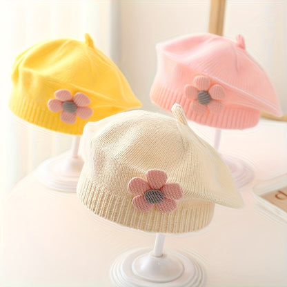 Bonnet Beanie avec Décoration Florale - Doux, Extensible, Léger, Chapeau d'Hiver, Couleurs Pastel (Rose/Lavande/Jaune), Coupe Ajustée et Confortable, Adapté pour Thanksgiving et Usage Quotidien, Bonnet Unisexe d'Automne et d'Hiver, Accessoire pour Temps F