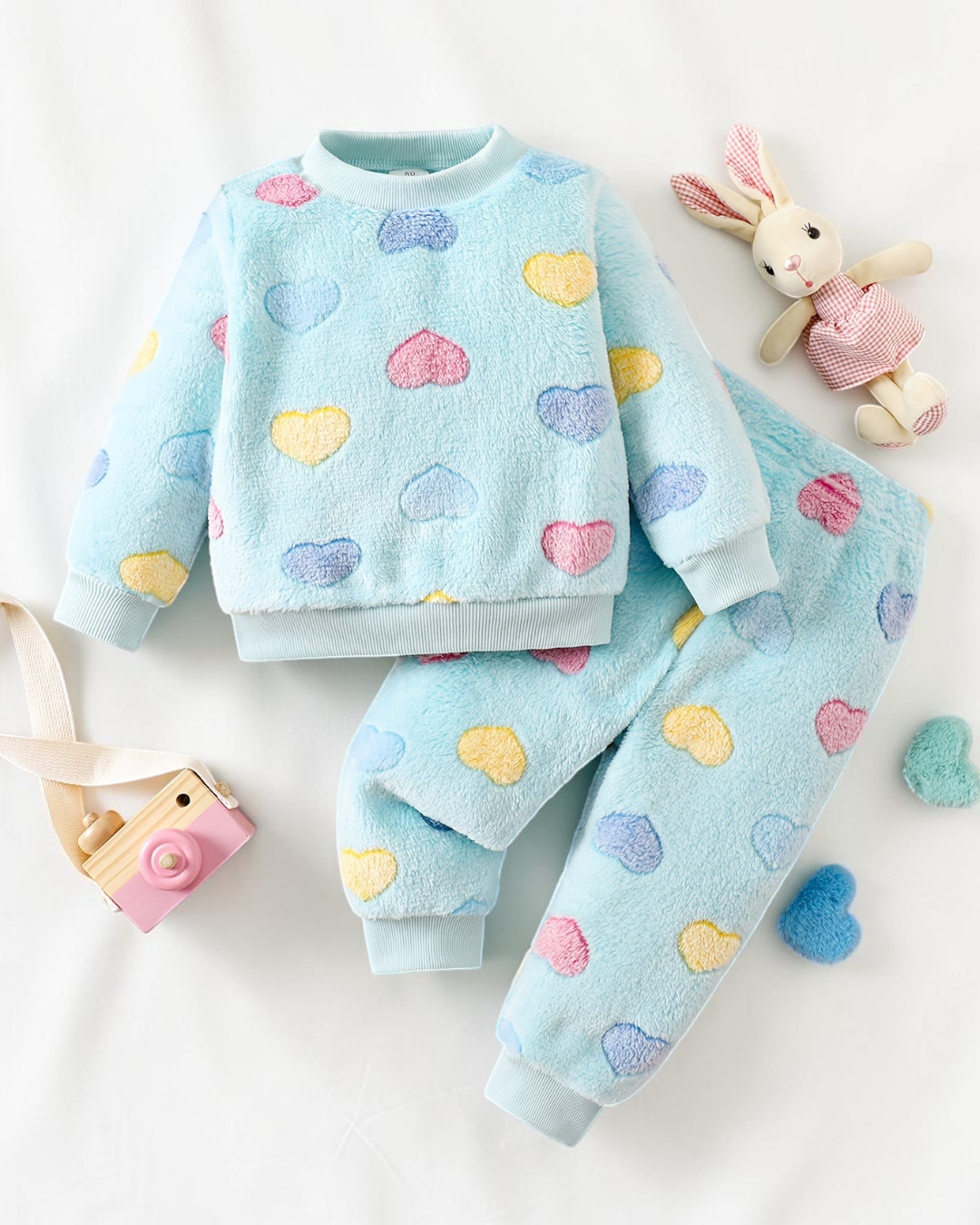 Ensemble pyjama deux pièces Le Cocon d'Or en flanelle bleu ciel avec imprimé cœurs colorés pour fille