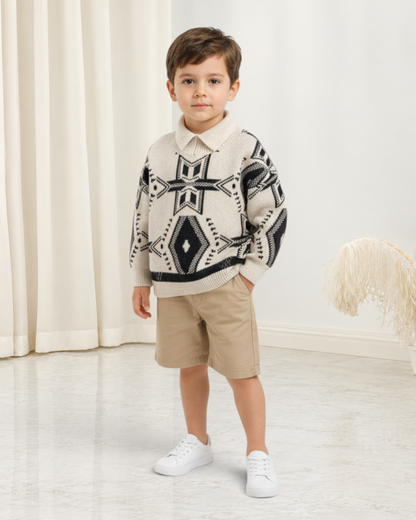 Jeune garçon portant un pull Le Cocon d'Or à col montant, motif géométrique noir et beige, style rétro décontracté