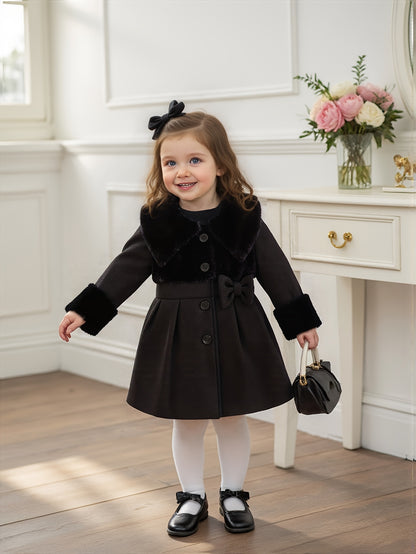 Tenue de la Saint-Valentin pour Fille, Cardigan à Revers en Peluche Irrégulière pour Fille Automne/Hiver avec Patchwork en Fausse Fourrure, Nœud en Mélange, Veste Cardigan à Boutons. Convient pour les Sorties, les Cadeaux, les Vêtements de la Rentrée Scol