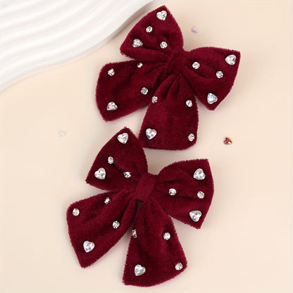 2pcs Pinces à Cheveux Nœud en Velours Doux pour Nœuds en Velours Rouge Foncé avec Design de Strass, Épingles à Cheveux Élégantes pour un Usage Quotidien