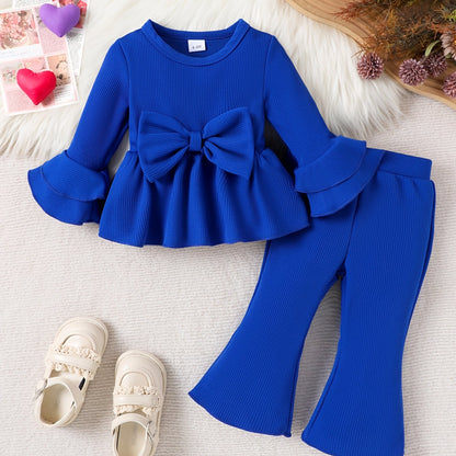 Ensemble élégant et mignon pour bébés et petites filles, comprenant un haut à manches longues et un pantalon long de couleur unie, style fin pour le printemps et l'automne, idéal pour l'extérieur.