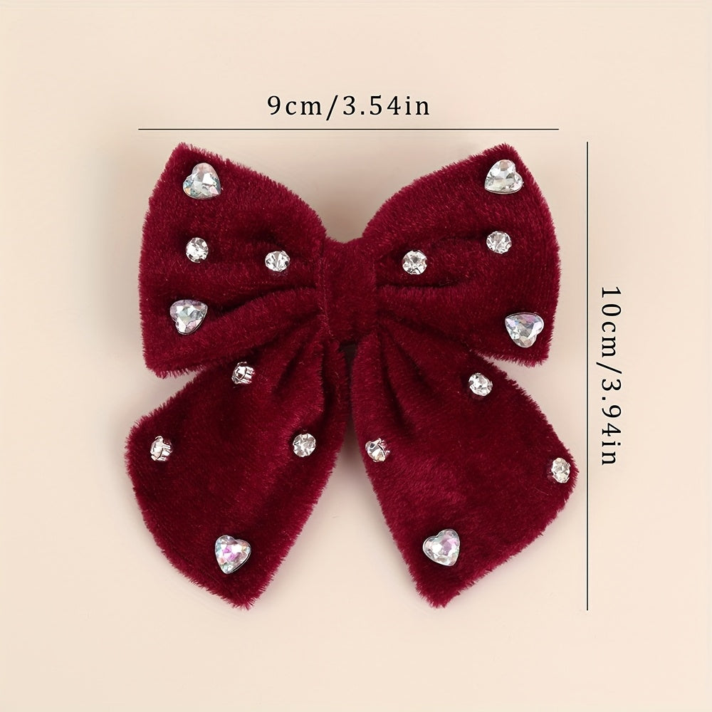 2pcs Pinces à Cheveux Nœud en Velours Doux pour Nœuds en Velours Rouge Foncé avec Design de Strass, Épingles à Cheveux Élégantes pour un Usage Quotidien