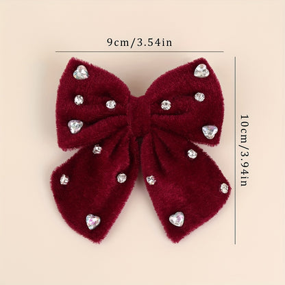 2pcs Pinces à Cheveux Nœud en Velours Doux pour Nœuds en Velours Rouge Foncé avec Design de Strass, Épingles à Cheveux Élégantes pour un Usage Quotidien