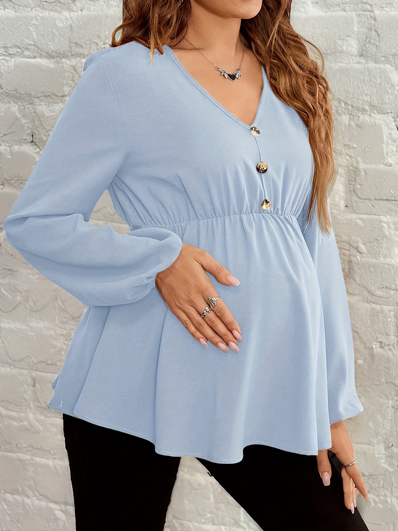 Chemise de Maternité Col V Manches Longues Boutonnée Coupe Ample Couleur Unie Lavable en Machine Haut Confort Décontracté pour Femme Printemps/Automne