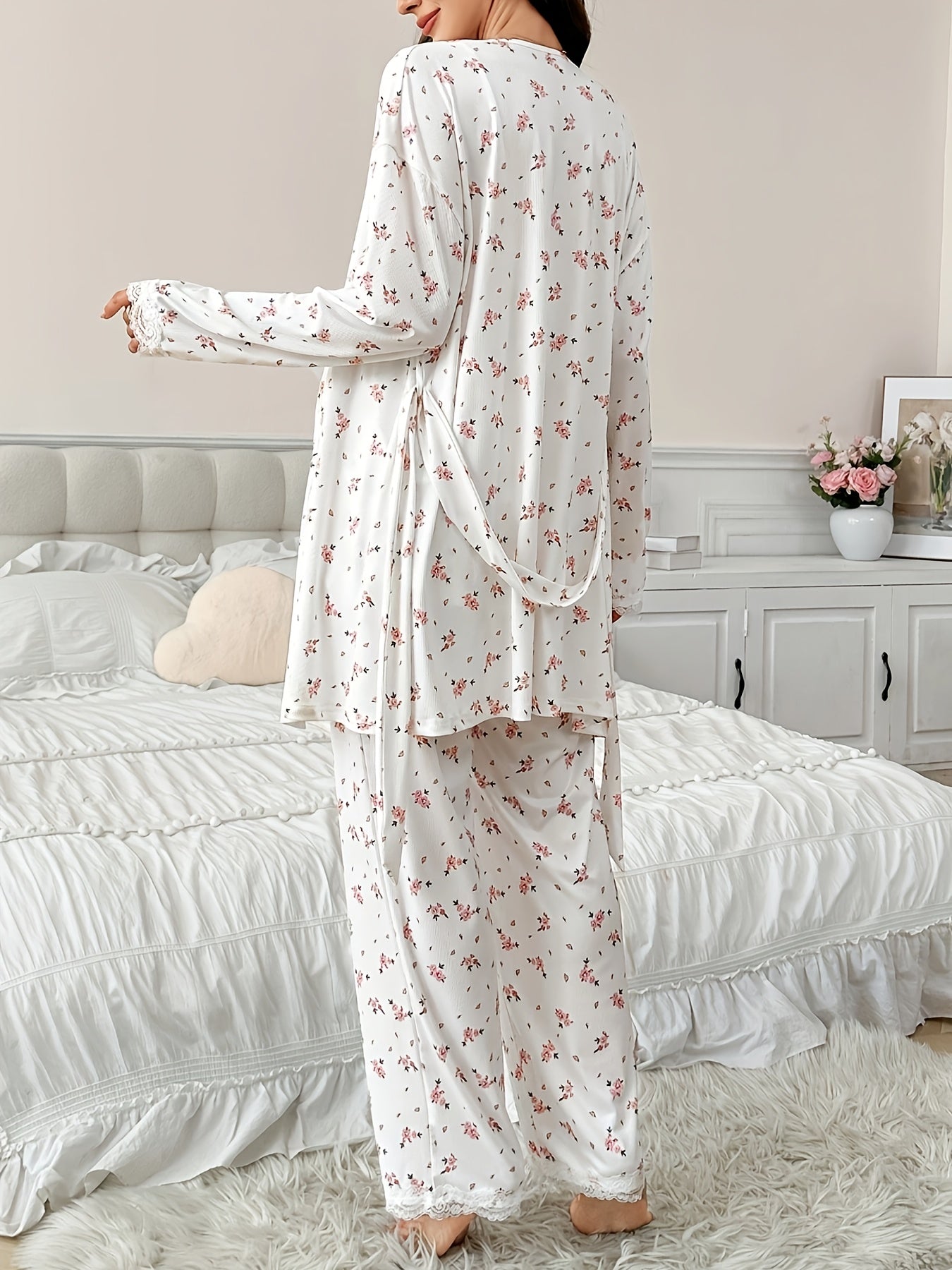 Ensemble Pyjama Maternité 3 Pièces avec Débardeur Dentelle Contrastée, Pantalon et Peignoir pour Femmes Enceintes