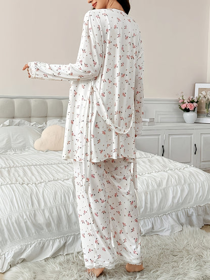 Ensemble Pyjama Maternité 3 Pièces avec Débardeur Dentelle Contrastée, Pantalon et Peignoir pour Femmes Enceintes