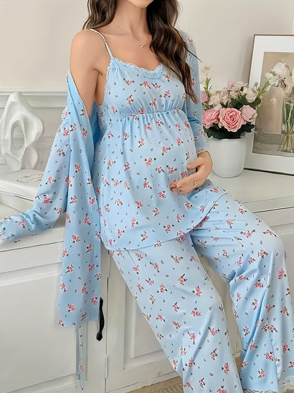 Ensemble Pyjama Maternité 3 Pièces avec Débardeur Dentelle Contrastée, Pantalon et Peignoir pour Femmes Enceintes
