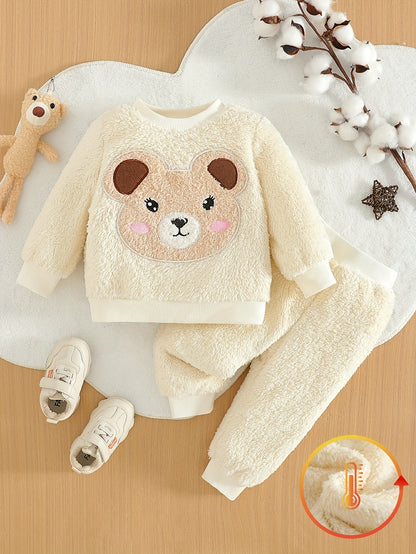 Ensemble Bébé Fille Automne et Hiver en Peluche avec Haut d'Ours Cartoon Mignon et Pantalon Long Polyvalent de Couleur Unie, Ensemble Pantalon Long Doux et Exquis pour Bébé Fille, Adapté à la Saison Scolaire et à la Rentrée Scolaire, Ensemble Pantalon Lon