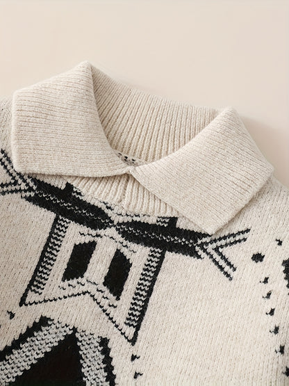 Pull à col montant pour garçons, style rétro décontracté, motif géométrique, épais, d'automne et d'hiver, vêtement d'extérieur