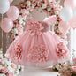 Robe de princesse étincelante pour bébés filles, avec des manches à volants et des décorations florales tridimensionnelles élégantes, parfaite pour les fêtes d'anniversaire et les réunions
