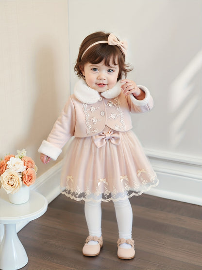 Ensemble 2 pièces pour Filles Automne/Hiver : Manteau en Fausse Fourrure et Robe de Baptême en Maille, Tenue de Rentrée Scolaire, Robe Style Princesse d'Hiver avec Nœud et Col en Fausse Fourrure Chaud, Convient pour Occasions Spéciales, Fêtes et Sorties,