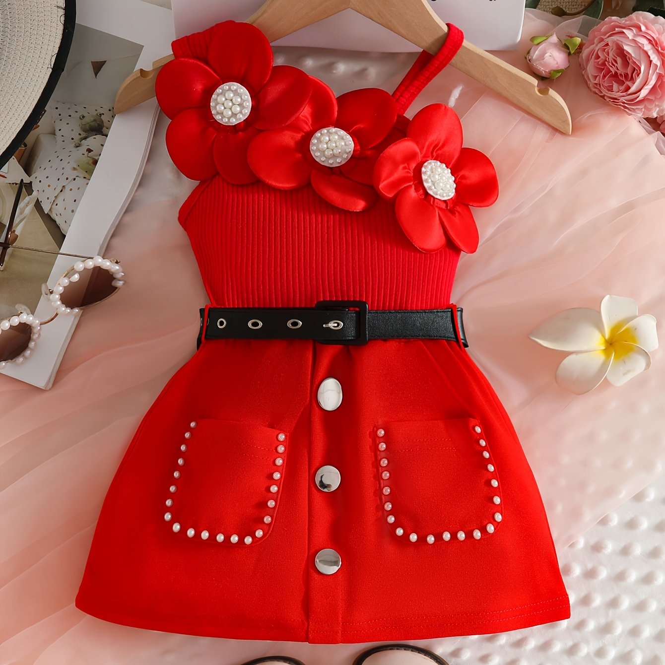Vêtement pour Fille, Taille 6-24 Mois (4 Ans), Haut Côtelé à Une Épaule et Bretelles Spaghetti avec Grande Fleur 3D sur la Bretelle + Décoration Centrale en Perle, Jupe Courte Ligne A avec Poches et Ourlet à Bordure de Perles, Décoration de Faux Boutons s