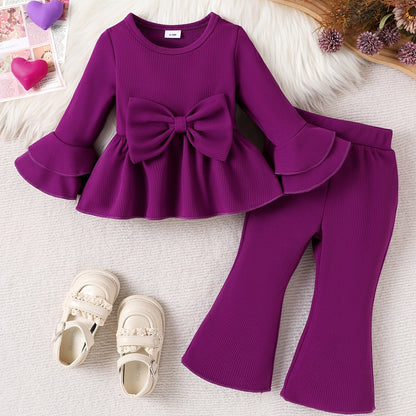 Ensemble élégant et mignon pour bébés et petites filles, comprenant un haut à manches longues et un pantalon long de couleur unie, style fin pour le printemps et l'automne, idéal pour l'extérieur.