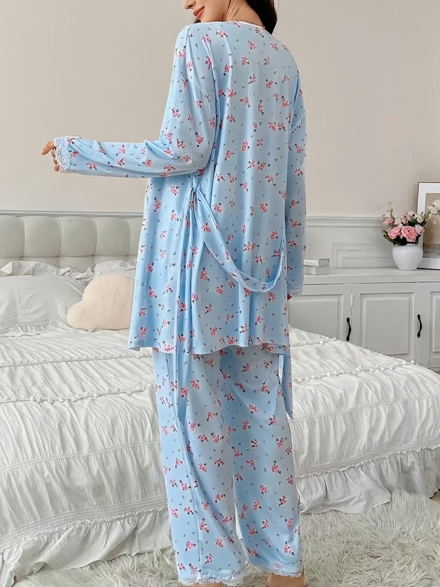 Ensemble Pyjama Maternité 3 Pièces avec Débardeur Dentelle Contrastée, Pantalon et Peignoir pour Femmes Enceintes
